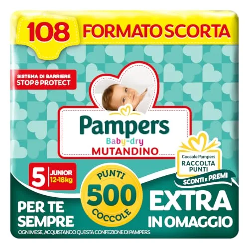 Pampers Baby Dry Majtki Junior + 500 punktów Dodatkowe przytulanie, rozmiar 5 (12-18 kg), 108 pieluch (rozmiar zapasowy)