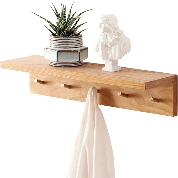 Estantería de pared de madera con ganchos, perchero de pared de 50 cm con estante de roble flotante, perchero de pared con tabla para chaquetas, perchero para abrigos, bufandas (50 cm)