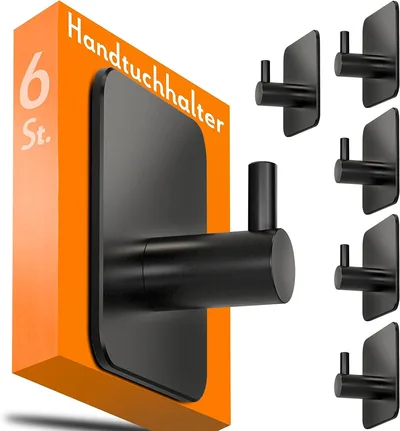 4smile Handtuchhalter ohne Bohren, klassische Klebehaken, 6er Set, Schwarz