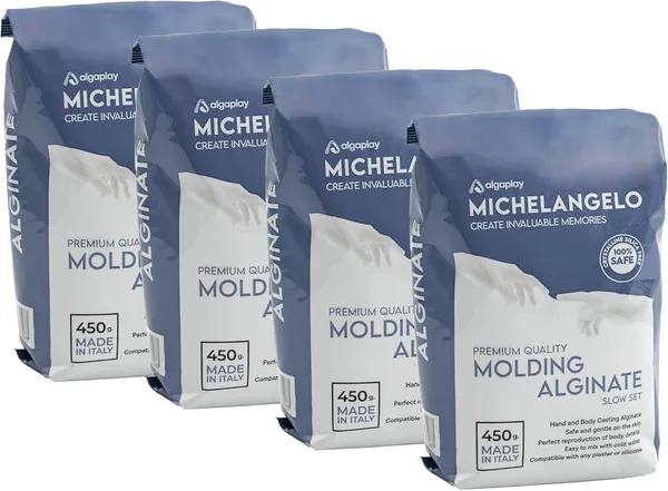 Michelangelo Moulding Alginate Slow Setting. Alginato cromatico per impronte di alta precisione, perfetto per realizzare calchi delle mani o del corpo. Prodotto in Italia. (4 BUSTE)