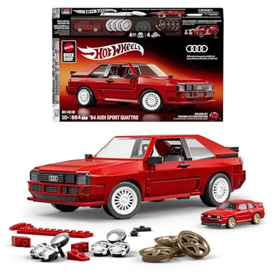Mattel Brick Shop Hot Wheels Coffret de Construction Audi Sport quattro 1984 série Elite, 864 pièces, autocollants personnalisés, collectionneurs adultes et enfants dès 10 ans, JLK39