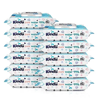 Kindii Baby Wipes - Pack of 12 (720 Wipes) - Hypoallergenic Baby Wipes - Wet Baby Wipes - Unscented Alcohol Free Wipes - Baby Wipes Bulk