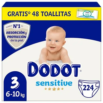 Dodot Sensitive pieluchy dla niemowląt, rozmiar 3 (6-10 kg), 224 pieluchy + 40 chusteczek nawilżanych (4 x 10), kolor aqua, bez tworzywa sztucznego, optymalna ochrona skóry Dodot, Pack Mensual
