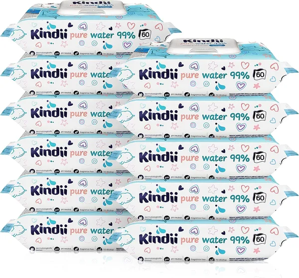 Kindii Baby Wipes - Pack of 12 (720 Wipes) - Hypoallergenic Baby Wipes - Wet Baby Wipes - Unscented Alcohol Free Wipes - Baby Wipes Bulk