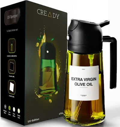 CREADY Czarny Spray Oleju Kuchennego 470ml | Dozownik Oleju Spray 2 w 1 | Frytownica Powietrza Spray Oleju | Spray do olejów | Spray do spryskiwacza | Spray do oleju | Dozownik oleju
