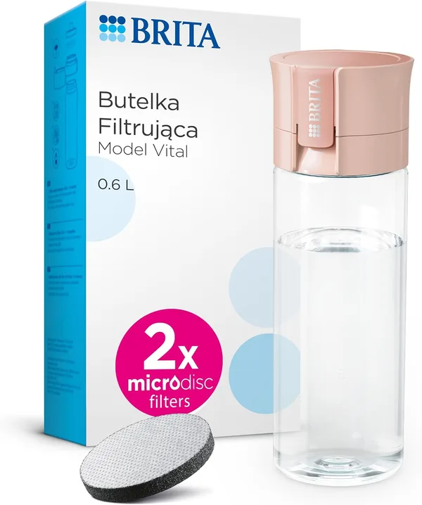 BRITA Butelka filtrująca Vital pastelowa brzoskwinia (0,6l) zawiera 2 filtry MicroDisc - filtruje chlor, zanieczyszczenia, hormony i pestycydy, zachowuje cenne minerały