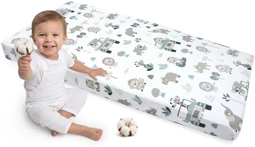 Medi Partners Prześcieradło z gumką do łóżeczka 120x60cm 100% Bawełna dla Niemowląt (Miętowe Zoo)