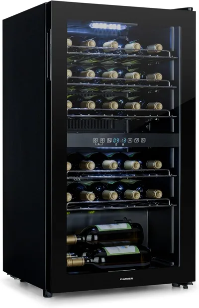 Klarstein Shiraz Weinkühlschrank Schwarz – 29 Flaschen, 80 L, 2 Zonen | Getränkekühlschrank mit Glastür, freistehend, leise, 5–18 °C, LED, Edelstahlrahmen
