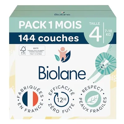 BIOLANE - Couches Bébé Taille 4 (7-18 kg) - Pack 1 Mois - 144 Couches