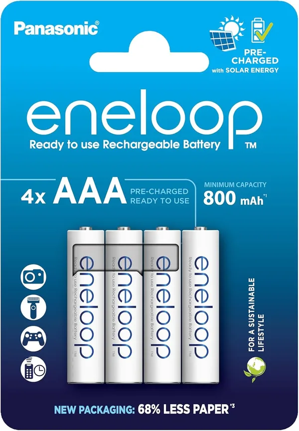 Panasonic eneloop | Ready-to-Use Ni-MH akumulatory, AAA/Micro, 4 sztuki w zestawie, większa pojemność min. 800 mAh, 2100 cykli ładowania, w opakowaniu w bez tworzyw sztucznych
