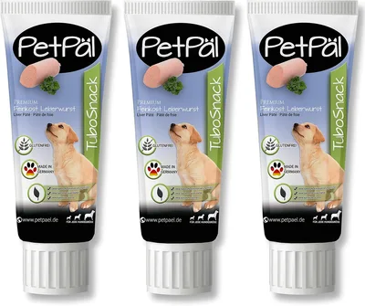 PetPäl Cani Salsiccia di fegato TuboSnack - 3 x 75g - Premium Trattamenti dal Tubo - Naturalmente Senza Cereali, Sale e Zucchero - per Cane e Cuccioli - Merenda, Spuntino Naturale - Made in Germany