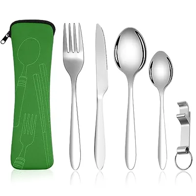 Vicloon Cubiertos para Llevar, 6PCS Cubiertos Camping de Acero Inoxidable, Juego de Trabajo Cubiertos para Exteriores Viajes Camping,Juego de Cubiertos de Acero inoxidable verde-Luz