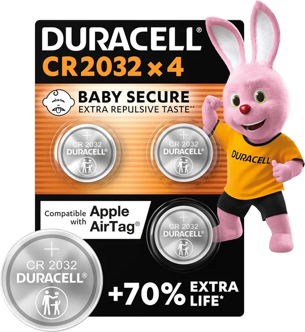 DURACELL CR2032 Litowe Baterie Pastylkowe, 4-pak, 3V, CR2032 | Do 70 procent Dłuższe Działanie – Technologia Baby Secure – Do Lokalizatorów Apple Airtag, Kluczy Samochodowych