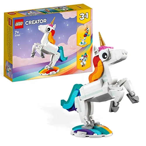 LEGO Creator 3-en-1 La Licorne Magique - Jouet de Construction avec Figurine d'animal se Transformant en Hippocampe ou Paon - Cadeau Original pour Fille ou Garçon dès 7 Ans 31140