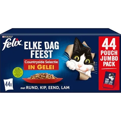 FELIX Fantastic Mokra Karma dla Kotów Wiejskie Smaki, Pakiet Ekonomiczny, 44 Wygodne Saszetki, Delikatne Kawałki w galaretce, 4 Pyszne Smaki, 100% Pełnoporcjowe i Zbilansowane żywienie