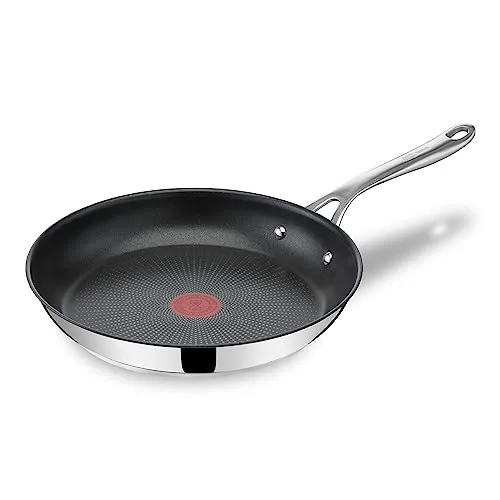 TEFAL E30406 Jamie Olivier Cooks Direct Patelnia 28 cm, stal nierdzewna, nieprzywierająca powłoka wzmocniona tytanem, wskaźnik Thermo Signal, nitowany uchwyt, do wszystkich kuchenek, srebrny/czarny