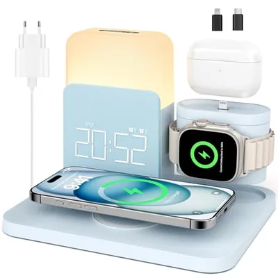 COLSUR Station de charge 3 en 1 pour Apple Watch, iPhone et Airpods, chargeur rapide sans fil 15 W pour iPhone 16/15/14/13, lampe de chevet avec fonction de charge, réveil