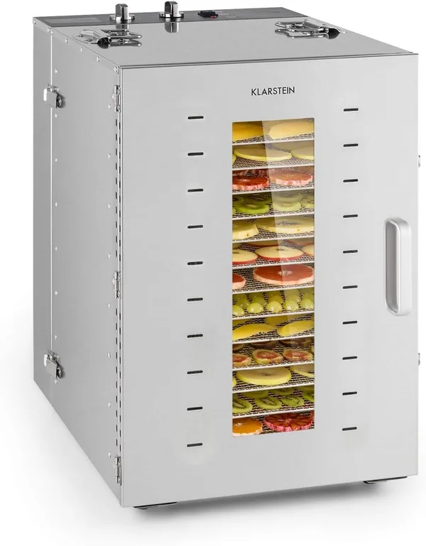 Klarstein Master Jerky - Suszarka do żywności, Dehydrator z płynną regulacją temperatury 40-90 °C, Timer 15h, DigiSet Control, 16 poziomów ze stali nierdzewnej, Dehydrator 1500W, srebrny