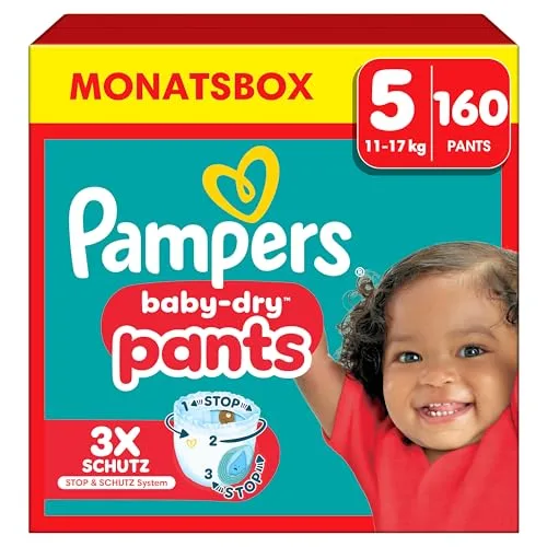 Pampers Spodnie Baby-Dry. Rozmiar 5, 160 pieluch, 12-17 kg, 360° Zabezpieczenie przed wyciekiem z kieszenią Stop & Protect na noc do 100% bez wycieków, opakowanie 1 miesiąc