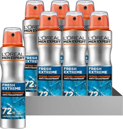 L'Oréal Paris, Men Expert, Fresh Extreme 72H – antyperspirant w sprayu o działaniu ultra-chłodzącym i intensywnej ochronie przed nieprzyjemnym zapachem, 6 x 150 ml