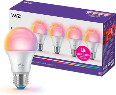 Żarówka WiZ Smart LED A60, kolor i regulowany odcień białego światła, trzonek E27, odpowiednik 60 W, 2200K–6500K, 806 lumenów, przyciemn, działa z Alexą, Google Assistant i Apple Home, op. 4 szt.
