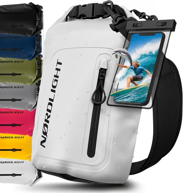 Nordlight Dry Bag wodoodporna torba z etui na telefon + zamknięcie rolowane, pasek na ramię | Drybag wodoodporny plecak worek transportowy torba żeglarska worek wodoszczelny - Biały, 10 litrów