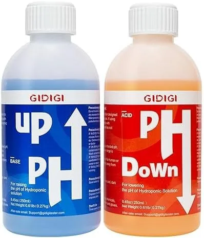 pH Regler Set pH Plus & Minus 2×250ml, pH Up & Down für Hydroponik Aquaponik Erde, Komplett Set mit Pipette Messbecher Teststreifen, pH Wert Einstellung 5,5–6,5