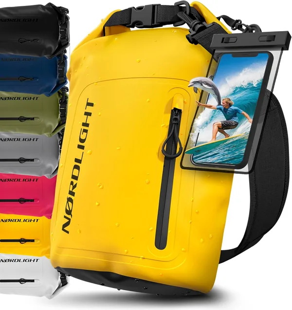 Nordlight Dry Bag wodoodporna torba z etui na telefon + zamknięcie rolowane, pasek na ramię | Drybag wodoodporny plecak worek transportowy torba żeglarska worek wodoszczelny - Żółty, 20 litrów