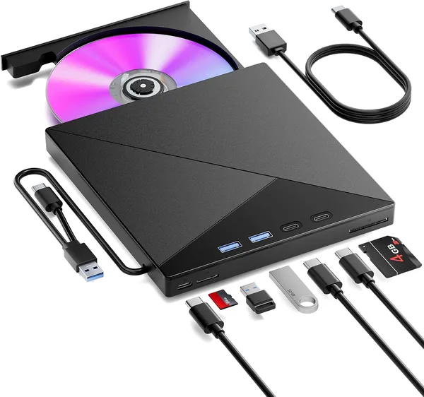 Zewnętrzny napęd CD/DVD Przenośna Nagrywarka Odtwarzacz 7 w 1 | Interfejsem USB 3.0 i Type-C oraz Czytnikiem kart SD/TF i Hubem USB Kompatybilny z Mac/Linux/PC/Laptopa/Windows
