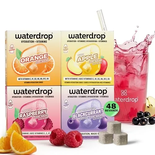 waterdrop® zestaw do napojów Microdrink | 48 kostek krople wody – 4 owocowe odmiany | proszek bez cukru | smak wody | niskokaloryczne z cennymi witaminami | tabletki musujące | dodatek wody