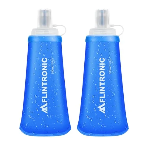 flintronic Butelka TPU składana, Soft Flask, bez BPA, butelka sportowa do plecaka na napoje, na rower, wędrówki, bieganie, camping i wspinaczka (2 szt. Niebieskie, 500 ml)