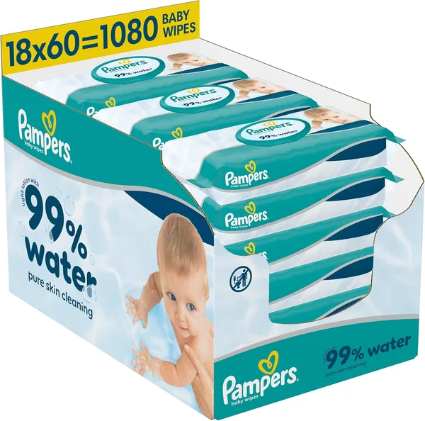 Pampers 99% Water Chusteczki Nawilżane Dla Dzieci, 18x60 = 1080 szt. | Lekki Balsam Składający Się W 99% Z Wody