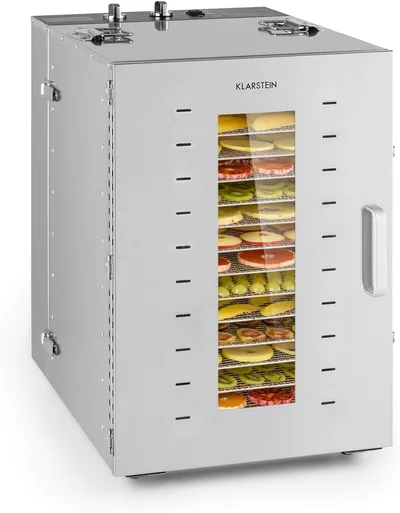 Klarstein Master Jerky - Suszarka do żywności, Dehydrator z płynną regulacją temperatury 40-90 °C, Timer 15h, DigiSet Control, 16 poziomów ze stali nierdzewnej, Dehydrator 1500W, srebrny