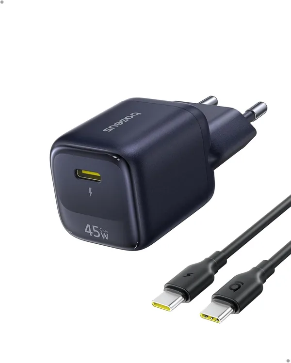 Baseus Ładowarka USB C 45W GaN z kablem USB-C 1 m, szybka ładowarka PD PPS do iPhone 17/16/15 Pro Max, Samsung S25 Ultra/S24, iPad, MacBook, Pixel
