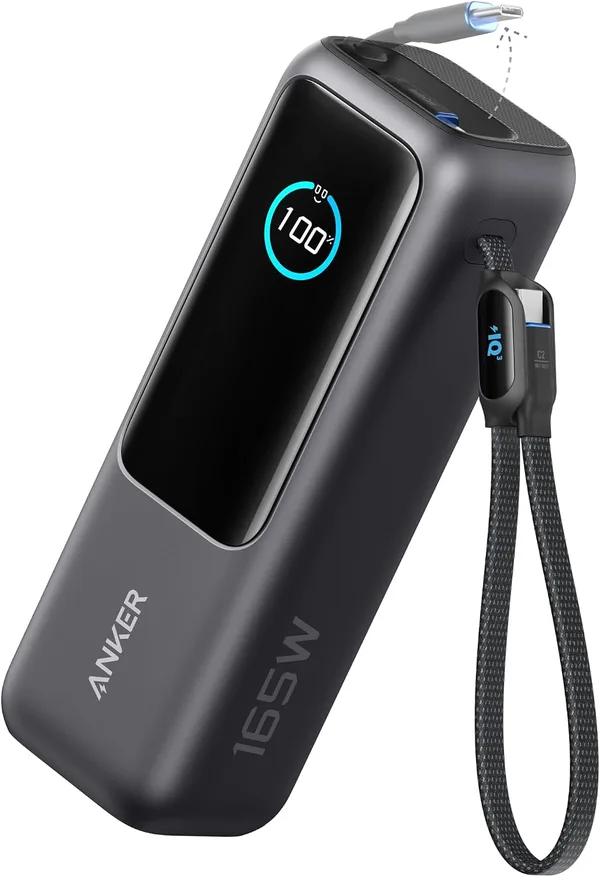 Anker powerbank do laptopa 165 W 25000 mAh z wysuwanym kablem 70 cm | 3 porty USB-C, z paskiem do noszenia, do MacBook Pro, iPhone 17/16/15, Samsung, dopuszczony do przewozu lotniczego