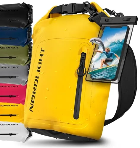 Nordlight Dry Bag wodoodporna torba z etui na telefon + zamknięcie rolowane, pasek na ramię | Drybag wodoodporny plecak worek transportowy torba żeglarska worek wodoszczelny - Żółty, 20 litrów