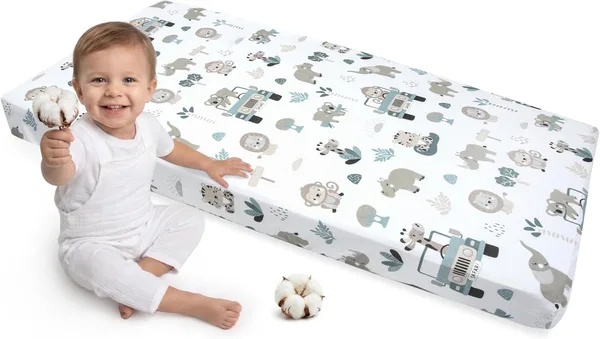 Medi Partners Prześcieradło z gumką do łóżeczka 120x60cm 100% Bawełna dla Niemowląt (Miętowe Zoo)