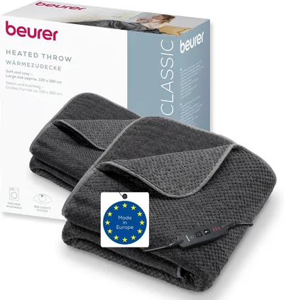 Beurer HD 65 koc elektryczny, przytulny koc grzewczy z 3 poziomami temperatury, z automatycznym wyłączaniem i systemem bezpieczeństwa, nadający się do prania w pralce, made in Europe, szary