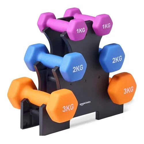Amazon Basics Zestaw hantli z powłoką neoprenową ze stojakiem, 3 sztuki (1kg, 2kg, 3kg), wielokolorowy