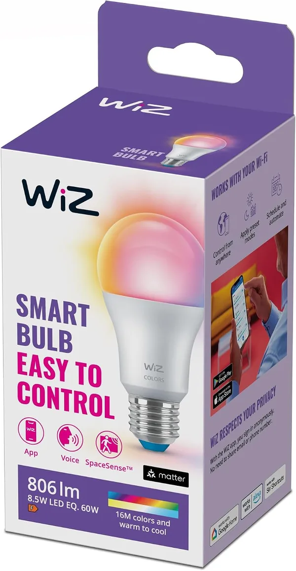 WiZ Smart LED Lampe, Color und Tunable White, E27-Sockel, 60W, 806 Lumen, dimmbar, funktioniert mit Alexa, Google Assistant, und Apple HomeKit, 1er Pack