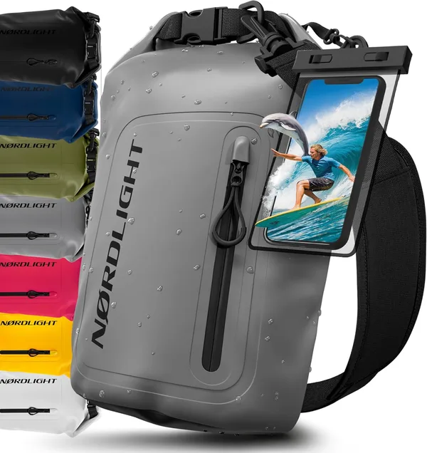 Nordlight Dry Bag wodoodporna torba z etui na telefon + zamknięcie rolowane, pasek na ramię | Drybag wodoodporny plecak worek transportowy torba żeglarska worek wodoszczelny - Szary, 10 litrów