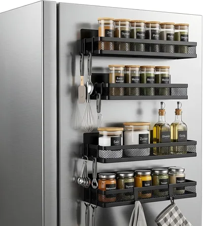 Estantería magnética para especias para refrigerador: 4 paquetes de estantes magnéticos, 2 grandes y 2 pequeños | Estantería magnética para refrigerador que ahorra espacio para la