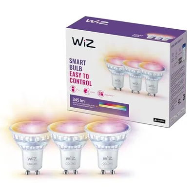 WiZ GU10 smarte LED Lampe, Glas, 3er-Pack - 50W, mit 16 Mio. Farben + Weißschattierungen, WLAN/Bluetooth, Sprach- / App-Steuerung, funktioniert mit Google Home, Alexa und HomeKit