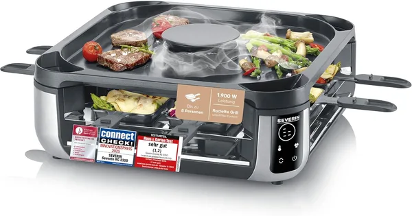 Severin Raclette Grill S-Joy Sevento con Filtro Anti-Odore Integrato, Tecnologia Downdraft Senza Fumo, Display Digitale, 8 Padelline e Spatole, Rivestimento ILAG Antigraffio, 1900W, Nero, RG 2350