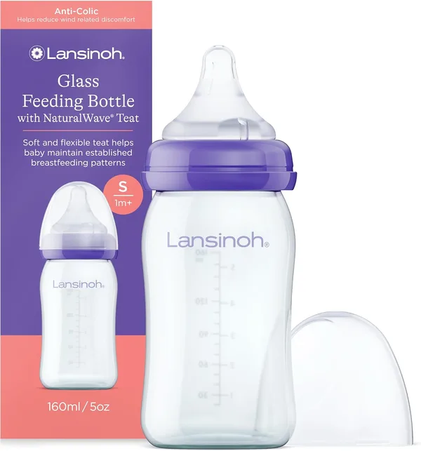 Lansinoh 77140 Szklana Butelka Dla Niemowląt, Przezroczysty/Fioletowy, 160 ml