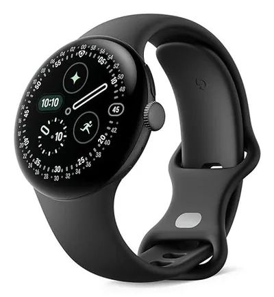 Google Pixel Watch 4 (41 mm) – Android-Smartwatch mit gewölbtem Display und Fitness-Tracking und Unterstützung von Gemini – Aluminiumgehäuse in Matte Black – Sportarmband in Obsidian – LTE