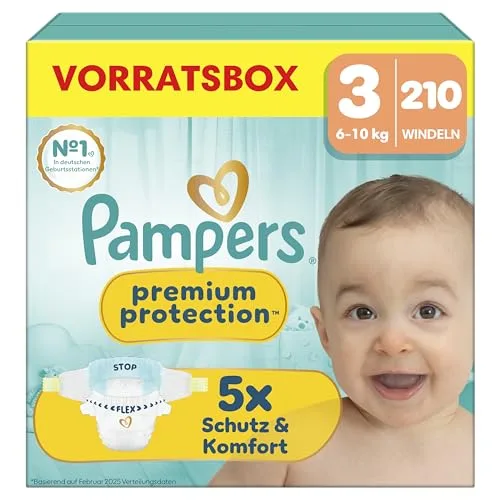 Pampers Premium Protection taglia 3, 210 pannolini, 6 kg-10 kg, protezione per pelle e perdite