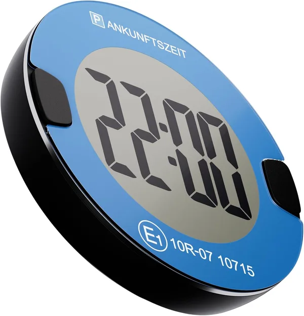 OOONO P-DISC NO4 – Tarjeta de estacionamiento electrónica en diseño compacto con ajuste automático de tiempo, pantalla de alto contraste y hasta 3 años de duración de la batería (Azul)