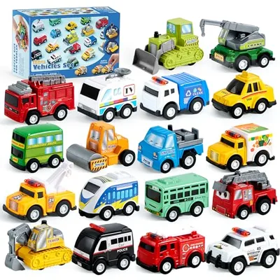 JOYIN Juego de Vehículos de Juguete y Camiones Urbanos de 18 Piezas para niños, Autos y Camiones, Autos Fundidos a Presión con Fricción para Niños Pequeños, Niños y Juegos Educativos para Niñas