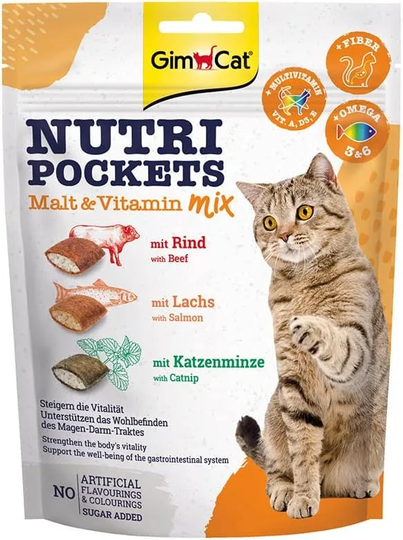GimCat Nutri Pockets Malt & Vitamin Mix - Chrupiący przysmak dla kotów z kremowym wypełnieniem i składnikami aktywnymi - 1 worek (1 × 150 g)